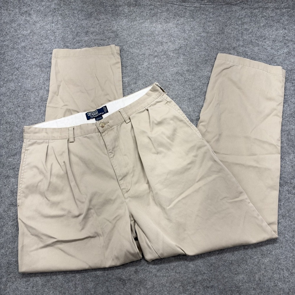 Polo Ralph Lauren Andrew Pants Mens 35x32 Beige 100% Cotton Pleated Chino
